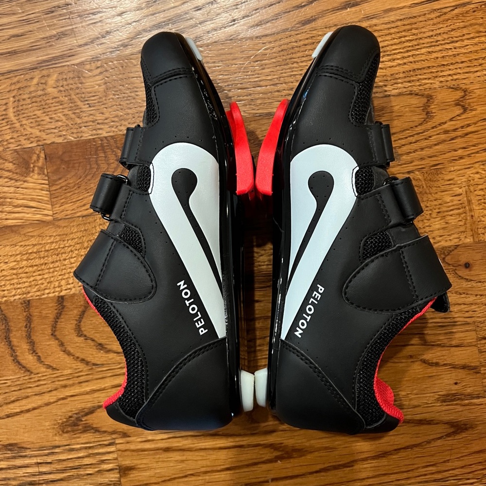 Peloton Black Cycling Shoes with White and Red Details